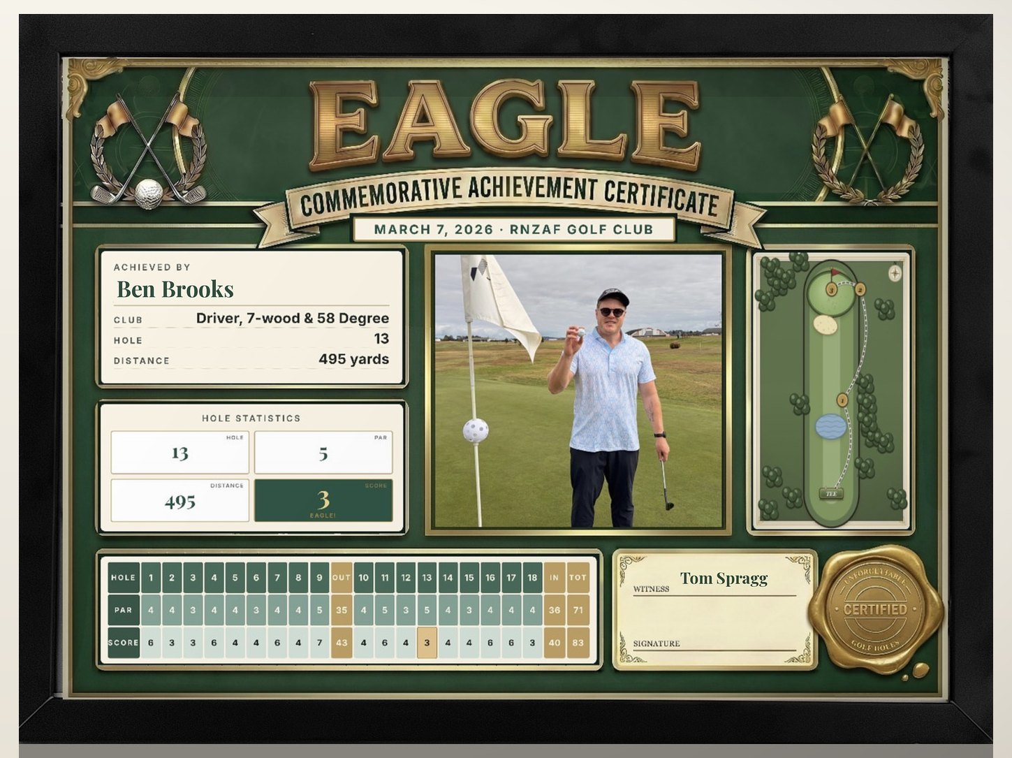 Close-up of a finished framed golf certificate showing the gold title, the golfer's photo, the hand-drawn hole layout, hole statistics, the full scorecard, witness line and a gold certified seal