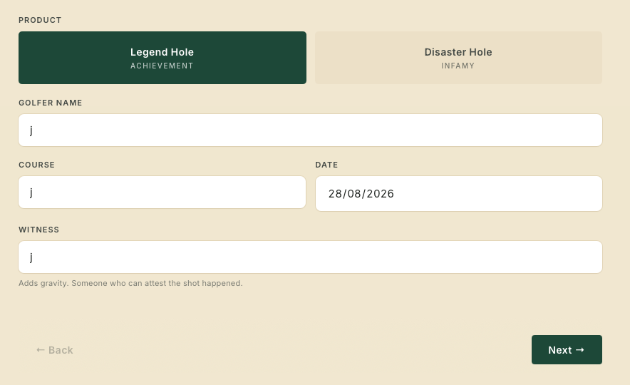 The builder form: entering golfer name, course, date and witness