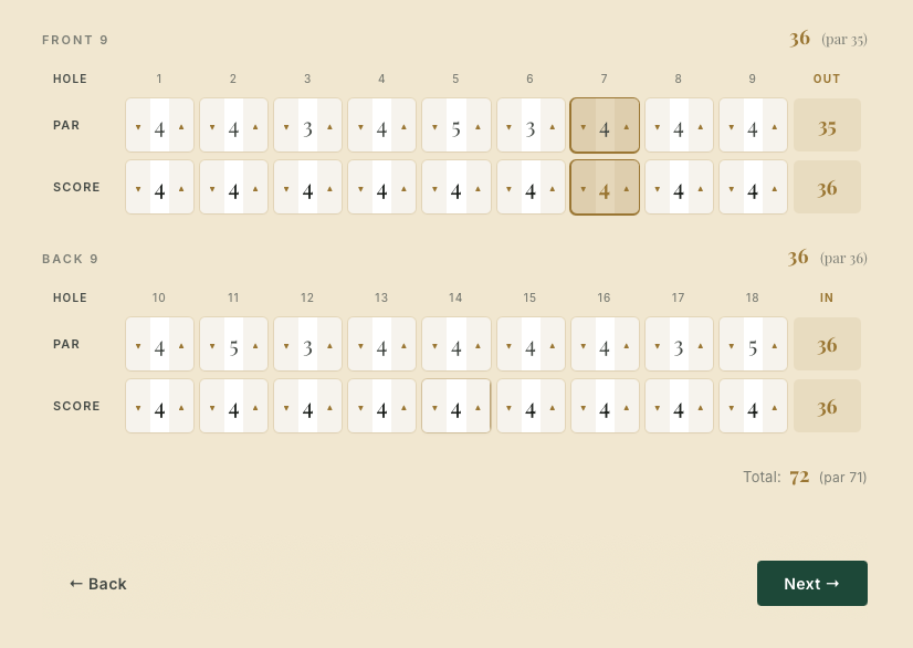Filling in the full round scorecard in the builder