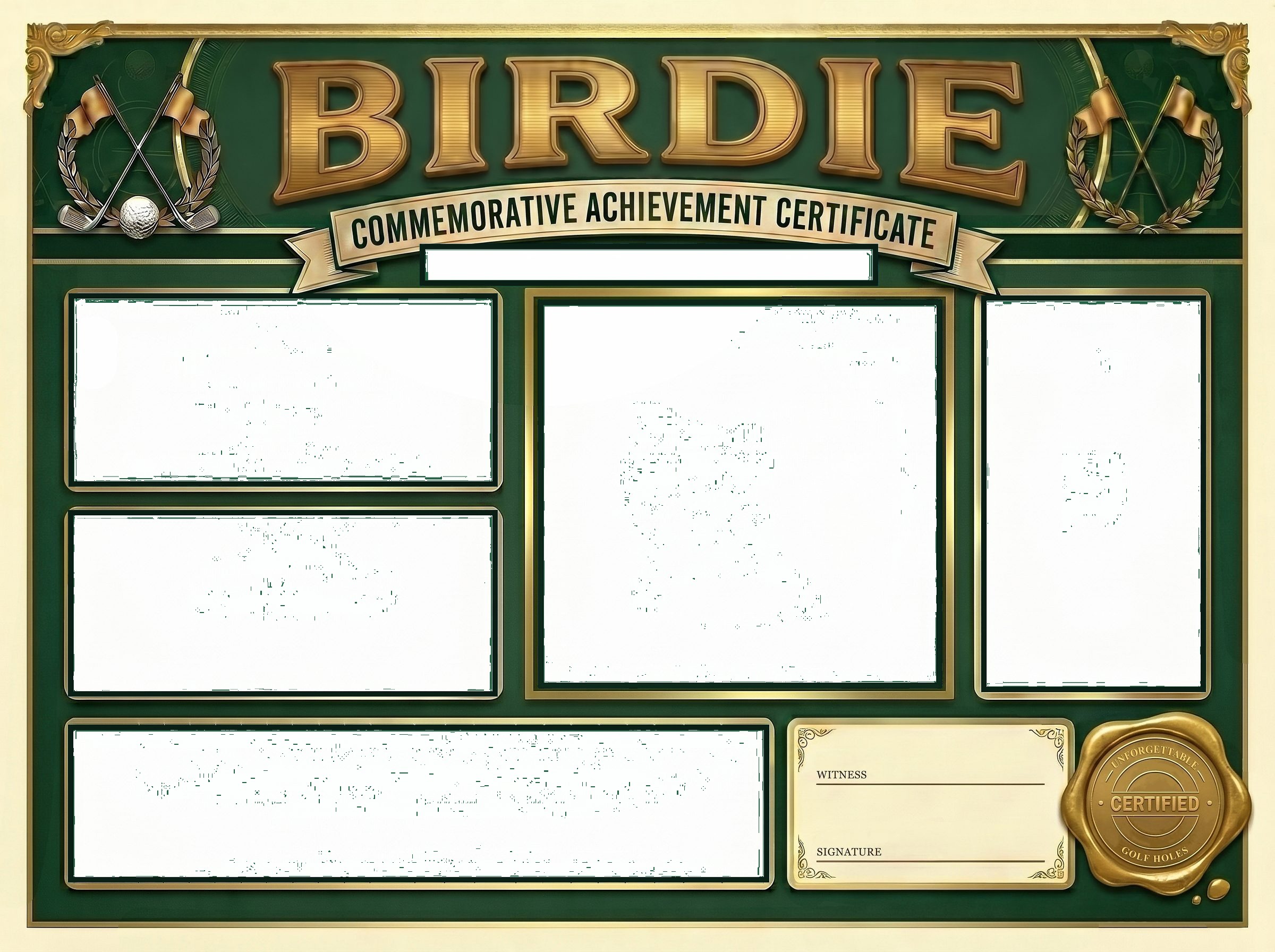 A framed first birdie golf certificate in a black 12x16in frame