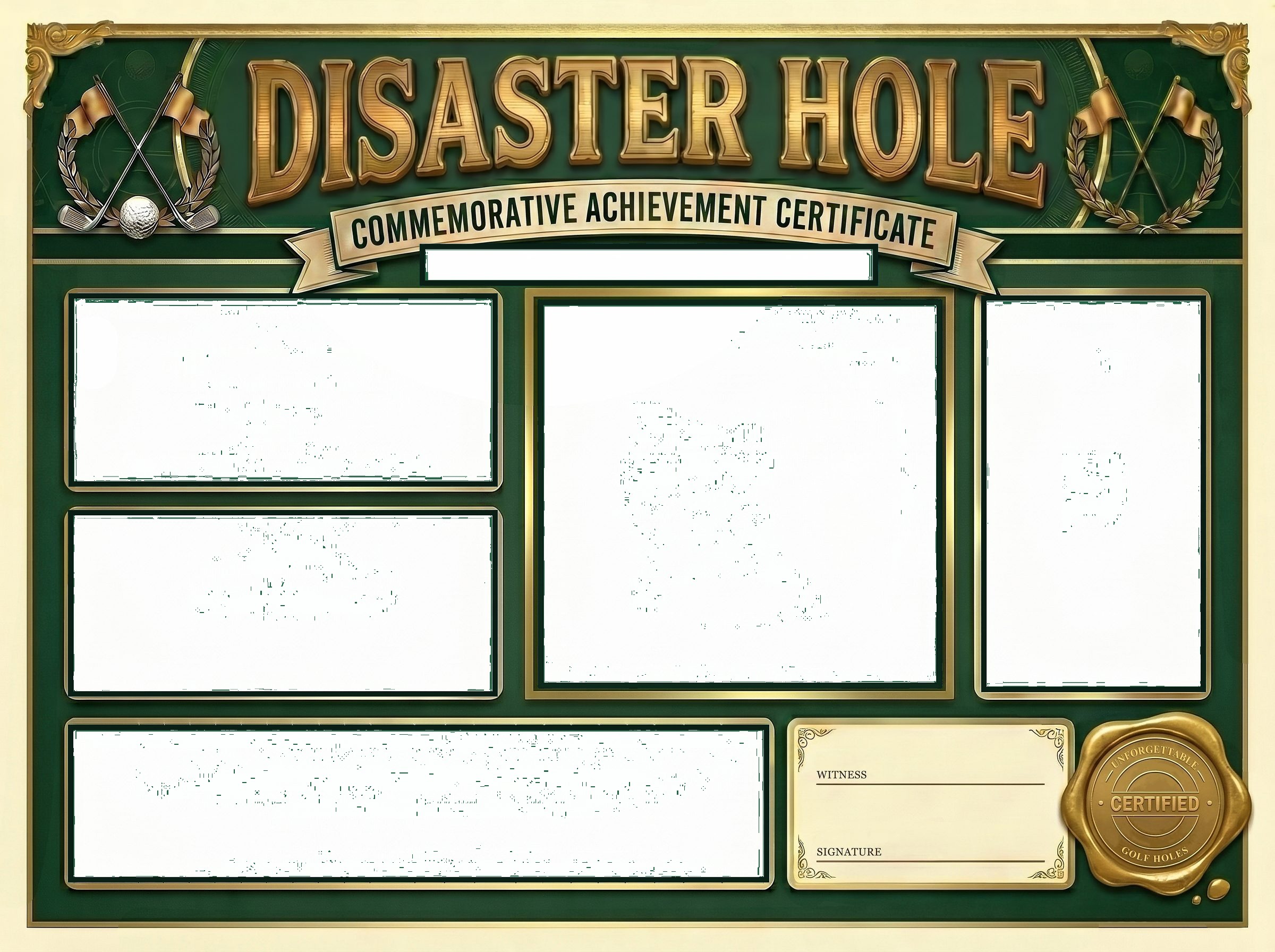 A framed Disaster Hole golf certificate